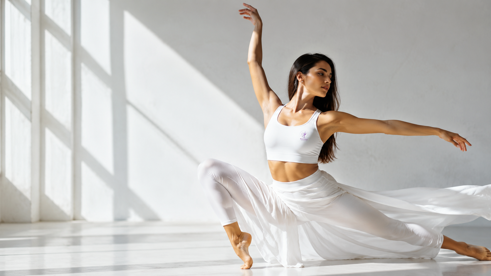 Danzatrice in abito bianco in una sala luminosa